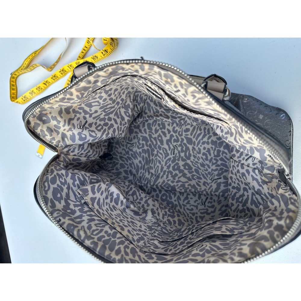 Guess Satchel Handbag Metallic Pewter Logo Embossed Tan Handles Leopard Lining - Picture 5 of 12